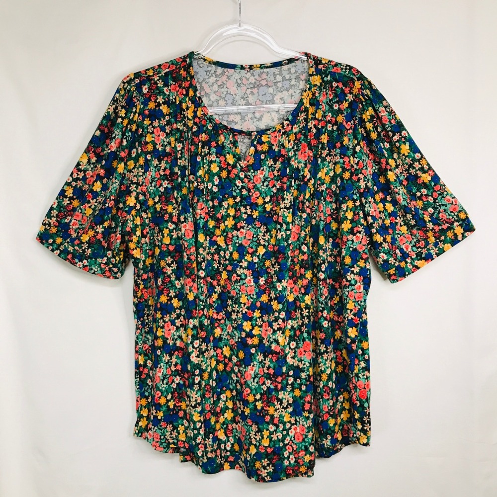 Floral Print Split Neck Short Sleeve Blouse XXL Multicolor Stretch Pleated Top